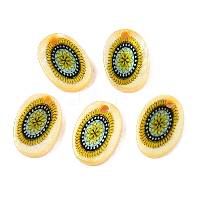 Natural Freshwater Shell Double Face Printed Oval Charms SHEL-T020-05D-1