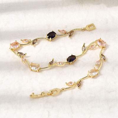 Leaf Brass Micro Pave Cubic Zirconia Link Chain Bracelets for Women BJEW-D455-01G-05-1