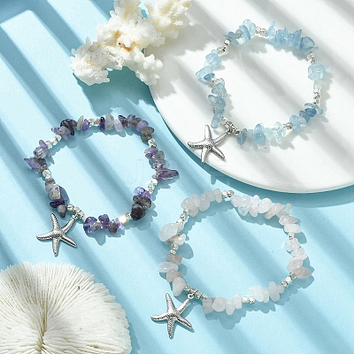 Natural Mixed Gemstone Chips Beaded Stretch Bracelets Set BJEW-TA00361-1