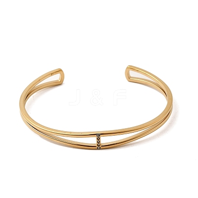 304 Stainless Steel Micro Pave Cubic Zirconia Double Layer Cuff Bangle for Women BJEW-K303-01G-1