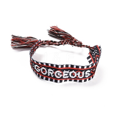 Word Gorgeous Polycotton(Polyester Cotton) Braided Bracelet with Tassel Charm LS-BJEW-F429-03-1