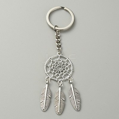 Woven Net/Web with Feather Pendant Alloy Keychain KEYC-WH0004-74AS-1