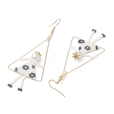 2Pair Girl with Triangle Brass Glass Seed Beads Dangle Earrings EJEW-MZ00453-1