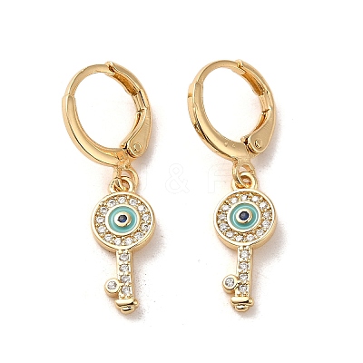 Key with Evil Eye Golden Brass Dangle Leverback Earrings EJEW-Q797-03G-03-1