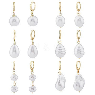 6 Pair 6 Style Natural Pearl Dangle Leverback Earrings EJEW-AN0003-56-1