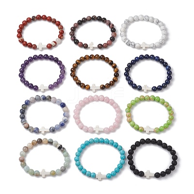 12Pcs 12 Styles Natural & Synthetic Gemstone Round Beaded Stretch Bracelets for Women Men BJEW-JB11367-1