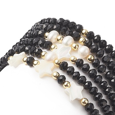 6Pcs 6 Style Natural Shell & Glass Star & Round Beaded Stretch Bracelets Set for Women BJEW-JB09945-02-1