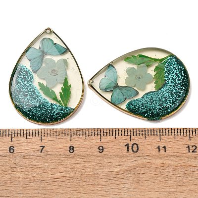Brass & Transparent Epoxy Resin & Dried Flower Pendants RESI-G133-05G-02-1