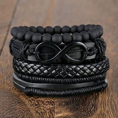 4Pcs 4 Styles Cowhide & Imitation Leather & Beaded Bracelet Set for Men Women FS-WG0FA9F-01-1