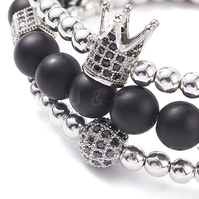 3Pcs 3 Style Round Synthetic Black Stone & Hematite Beaded Stretch Bracelets Set BJEW-JB07688-03-1