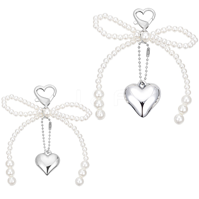 2Pcs 2 Styles Heart & Bowknot Acrylic Imitation Pearls Pendant Decorations HJEW-BBC0001-04-1