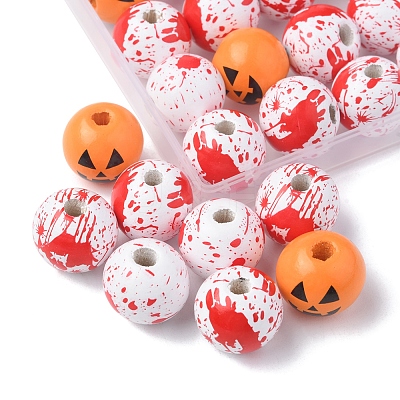 40Pcs 4 Colors Halloween Theme Printed Natural Wooden Beads WOOD-FS0001-03-1
