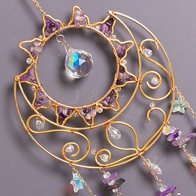 Natural Amethyst Chips & Metal Sun Moon Suncatchers HJEW-F027-12-1