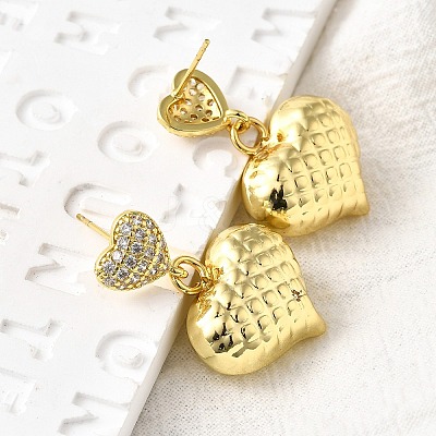 Textured Heart Brass Micro Pave Clear Cubic Zirconia Dangle Stud Earrings EJEW-Z099-02G-01-1