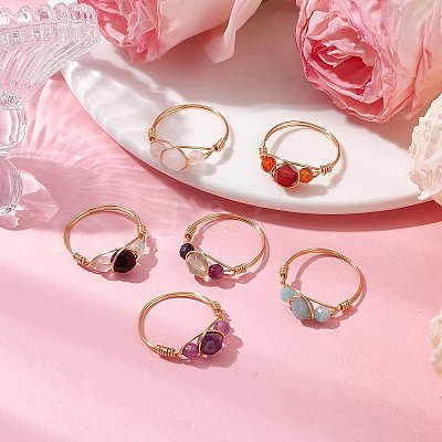 6Pcs Round Natural Rose Quartz & Amethyst & Fluorite & Carnelian & Amazonite & Red Agate Finger Ring RJEW-JR00754-S-1