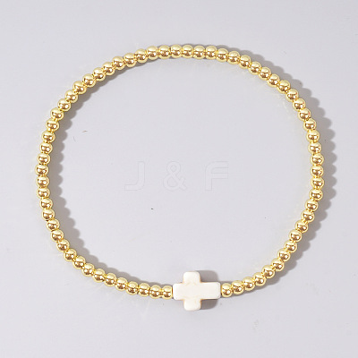 Cross Synthetic Turquoise & Round Brass Beaded Stretch Bracelets VG5379-8-1