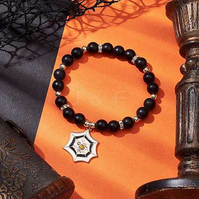 Frosted Natural Dyed & Heated Black Agate(Dyed & Heated) Beaded Stretch Bracelets BJEW-JB10565-1