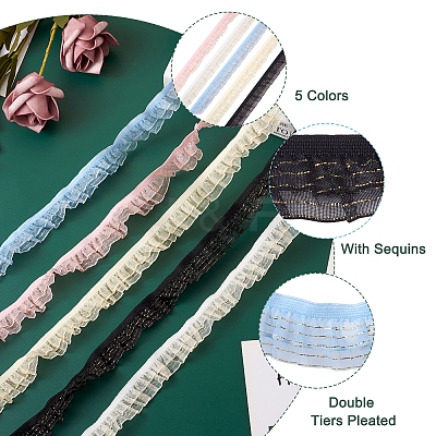 25 Yards 5 Colors Double Tiers Pleated Chiffon Polyester Ribbons ORIB-CW0001-01-1