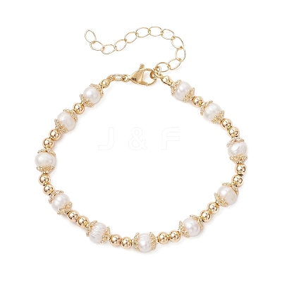 Natural Cultured Freshwater Pearl & Brass Beaded Bracelets for Women BJEW-JB13015-01-1