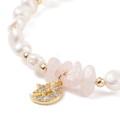 Natural Rose Quartz Chips & Pearl Beaded Bracelet BJEW-JB08236-01-1