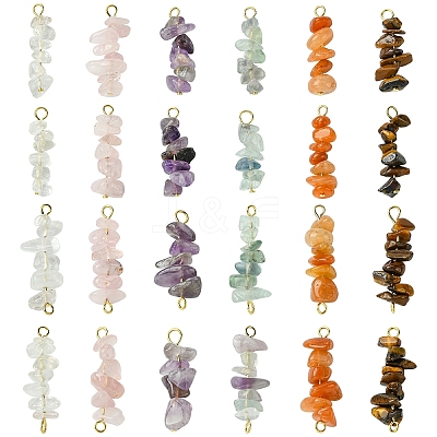 24Pcs 12 Styles Natural Quartz Crystal & Rose Quartz & Tiger Eye & Amethyst & Fluorite & Red Aventurine Pendants & Links Connector Charms PALLOY-YW00048-1