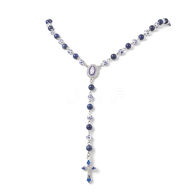Handmade Blue and White Porcelain and Dyed Natural Lapis Lazuli Round Rosary Bead Necklaces NJEW-JN05750-1