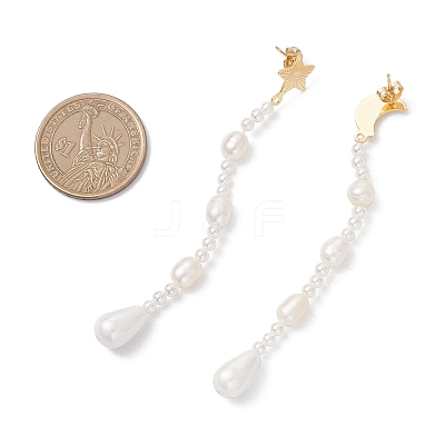 Moon & Star 304 Stainless Steel Cultured Freshwater Pearl Dangle Stud Earrings EJEW-TA00769-1