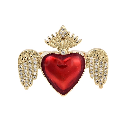 Rack Plating Heart with Wing Brass Micro Pave Cubic Zirconia Open Cuff Rings for Women RJEW-B064-02G-01-1