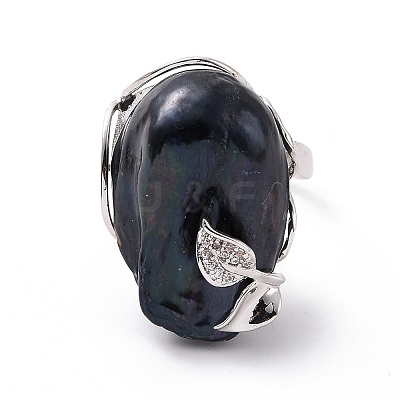 Natural Pearl Nugget with Cubic Zirconia Leaf Open Cuff Ring RJEW-P033-02P-01A-1
