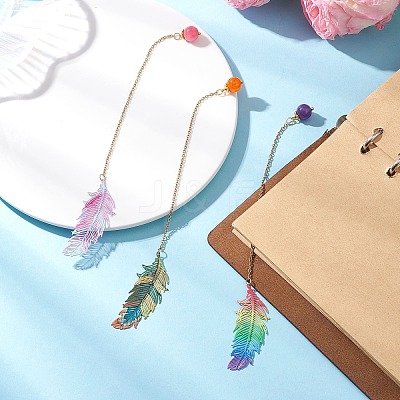 3Pcs Stainless Steel Feather & Alloy Bookmarks AJEW-JK00402-1