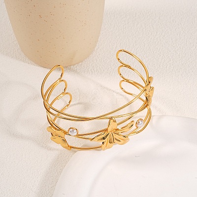 304 Stainless Steel & Plastic Pearl Cuff Bangles BJEW-H641-05G-1