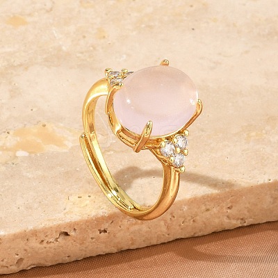 Brass Micro Pave Cubic Zirconia with Natural Rose Quartz Cuff Open Rings RJEW-T035-01G-L-1