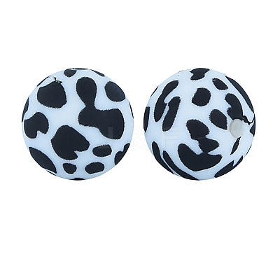 Round with Cow Print Pattern Food Grade Silicone Beads PW-WG66974-15-1