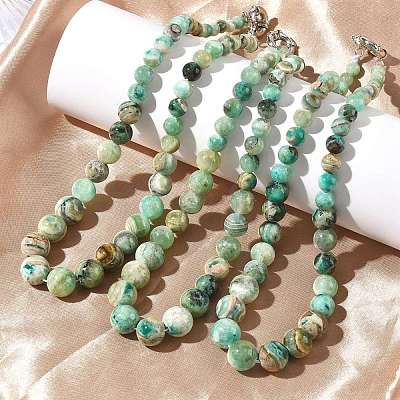 Natural Green Line Jasper Graduated Round Beaded Necklaces NJEW-F368-01P-1