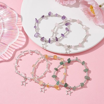 Natural Mixed Gemstone Chip & Iron Beaded Stretch Bracelets BJEW-JB09778-1