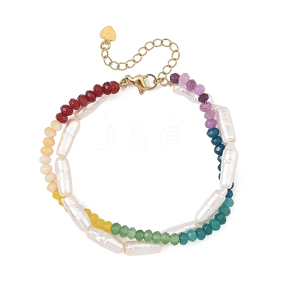 Dyed Faceted Rondelle Chakra Natural Malaysia Jade & Baroque Keshi Pearl Biwa Stick Beaded 2-strand Bracelets for Women BJEW-JB14449-1