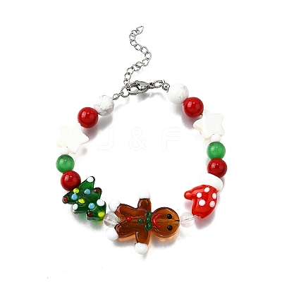 Handmade Lampwork with Glass and Natural Gemstone Christmas Theme Beaded Bracelets for Women BJEW-TA00657-1
