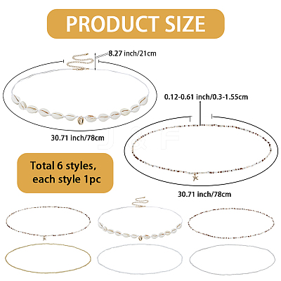 6Pcs 6 Styles Summer Beach Glass Seed Beads and Natural Cowrie Shell Beaded Waist Belly Chains Sets for Women AJEW-WH20019-89-1