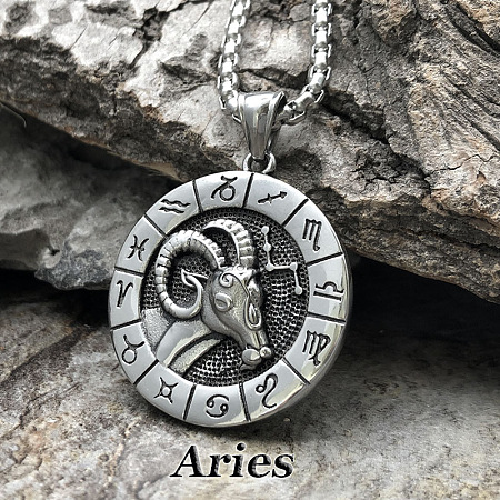 Flat Round with Engraved Twelve Constellation Alloy Pendant Necklace for Women Men WG25F4B-01-1