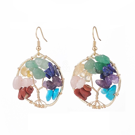 Natural & Synthetic Mixed Gemstone Chips Braided Ring with Tree of Life Dangle Earrings EJEW-JE04881-02-1