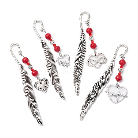 Valentine's Day Alloy Heart Pendant Bookmarks AJEW-JK00270-1