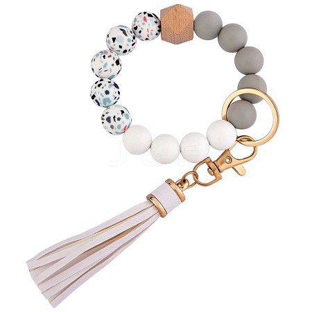 Silicone Key Ring Bracelet Personalized Wristlet Keychain Beaded Keychain with Tassel Bohemian Wrist Keychain for Women Girls JX288A-1