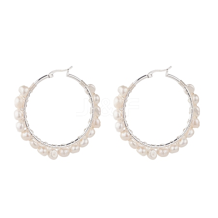 Natural Pearl Wire Wrapped Beaded Hoop Earrings for Women EJEW-JE04758-04-1