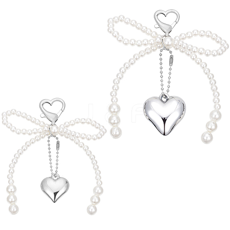 2Pcs 2 Styles Heart & Bowknot Acrylic Imitation Pearls Pendant Decorations HJEW-BBC0001-04-1