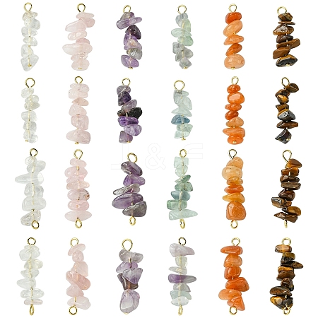 24Pcs 12 Styles Natural Quartz Crystal & Rose Quartz & Tiger Eye & Amethyst & Fluorite & Red Aventurine Pendants & Links Connector Charms PALLOY-YW00048-1
