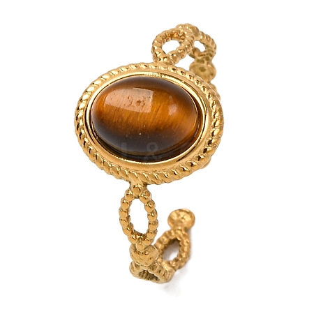 Oval Natural Tiger Eye Finger Rings RJEW-Q822-29G-03-1