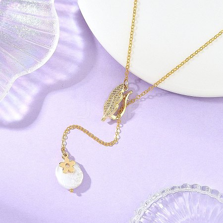 Adjustable Brass Micro Pave Clear Cubic Zirconia Leaf Lariat Necklaces NJEW-JN06467-1