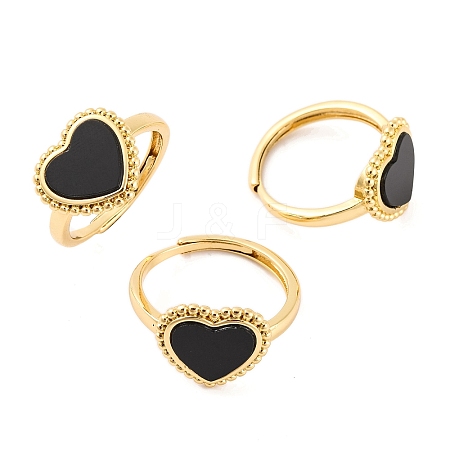 Heart Natural Black Onyx Adjustable Rings RJEW-Q817-05G-05-1