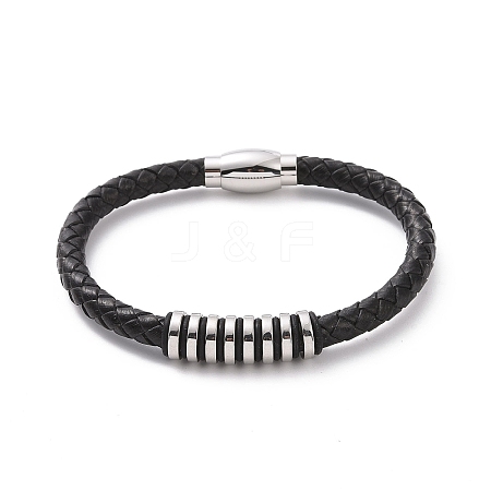 Black Leather Braided Cord Bracelet with 304 Stainless Steel Magnetic Clasps BJEW-P275-02P-1