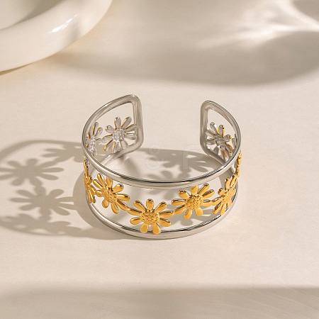 304 Stainless Steel Vintage Daisy Flower Hollow Open Cuff Bangles for Women HL3157-2-1